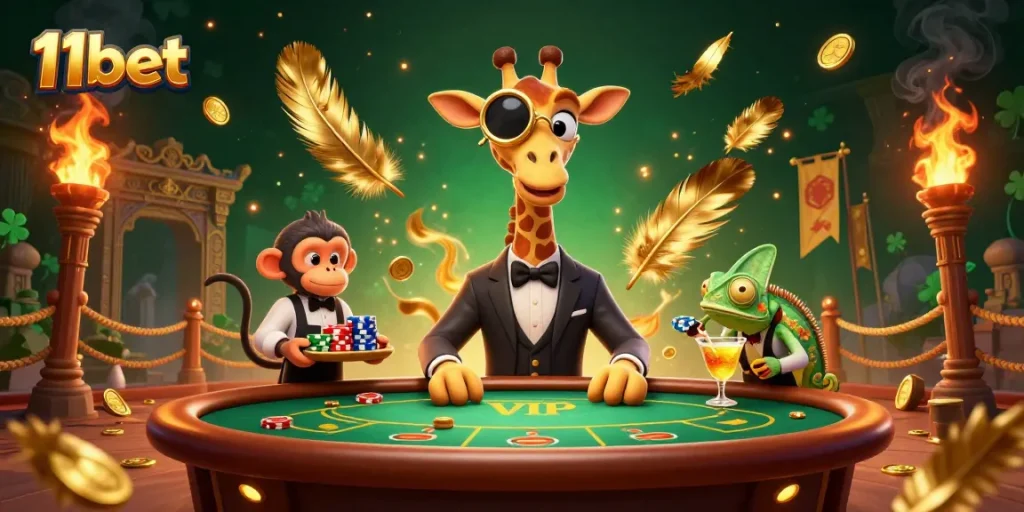Join the excitement with 11bet at a vibrant poker scene featuring high-roller animals and dazzling effects